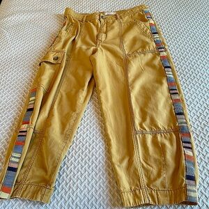 Anthropologie Mustard Cropped Cargo Pants with Multicolor Woven Side Panels